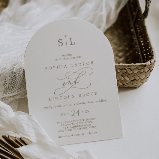 Romantische Goldkalligrafie-Mongram-Hochzeit Einladung