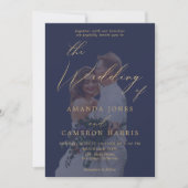 Romantische Goldkalligrafie Navy Blue Foto Hochzei Einladung (Vorderseite)