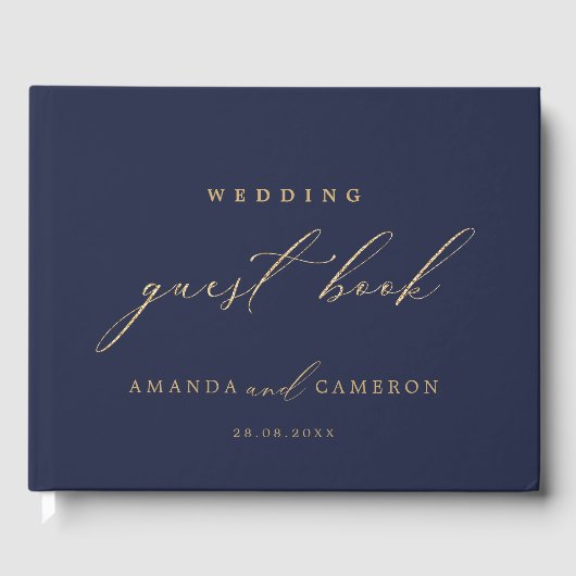 Romantische Goldkalligrafie Navy Blue Wedding Gästebuch (Vorderseite)