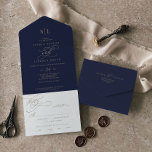 Romantische Goldkalligrafie | Navy Monogram Weddin All In One Einladung<br><div class="desc">Diese romantische Goldkalligraphie Montag Hochzeit der Marine in einer Einladung ist perfekt für eine einfache Hochzeit. Das moderne klassische Design besticht durch extravagante Wirbel und skurrile Schnörkel mit herrlich eleganten, handgezeichneten Imitaten, die auf Champagner-Goldfolie-Typografie setzen. Schreiben Sie Ihre Gastadressen auf der Rückseite der gefalteten Einladung, oder kaufen Sie koordinierende Gästetiketten-Aufkleber...</div>