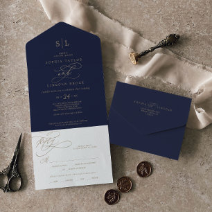 Romantische Goldkalligrafie Navy Monogram Weddin All In One Einladung