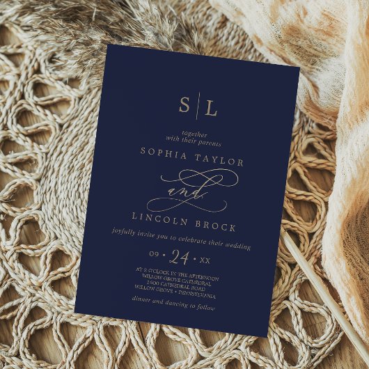 Romantische Goldkalligrafie | Navy Monogram Weddin Einladung