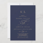 Romantische Goldkalligrafie | Navy Monogram Weddin Einladung (Vorderseite)