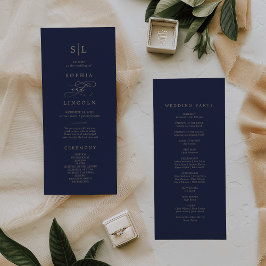 Romantische Goldkalligrafie | Navy Monogram Weddin Programm