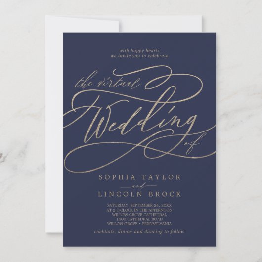 Romantische Goldkalligrafie | Navy Virtual Wedding Einladung (Vorderseite)