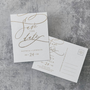Romantische Goldkalligrafie Save the Date Postkart Einladungspostkarte