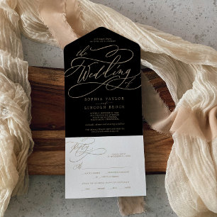 Romantische Goldkalligrafie Schwarz die Hochzeit All In One Einladung