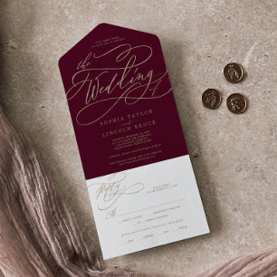 Romantische Goldkalligraphie Burgund die Hochzeit All In One Einladung