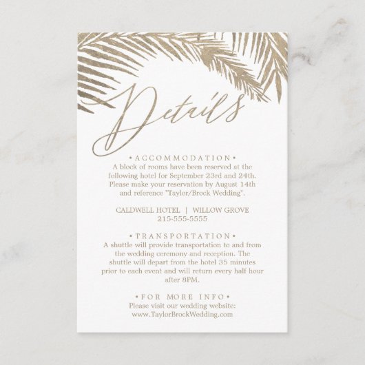 Romantische Goldkalligraphie Palm Blätter Details Begleitkarte (Vorderseite)