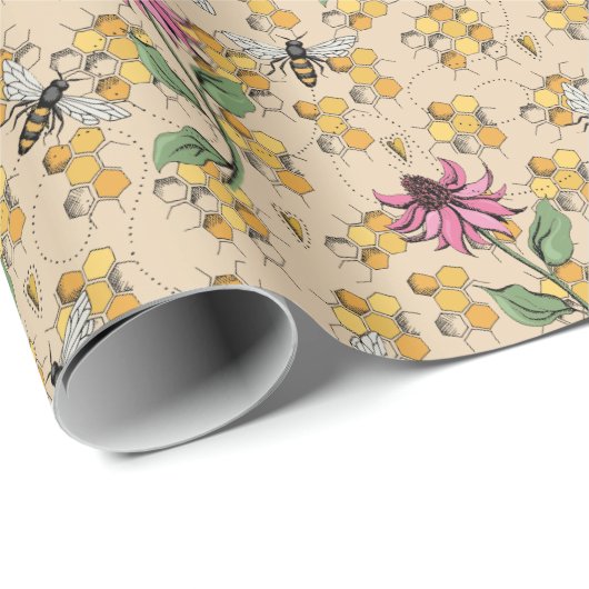 Romantische Goldkönigin-Biene, Honeycomb & Blume Geschenkpapier (Rolleneckpunkt)
