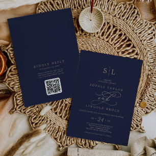 Romantische Goldmedaille Monogram QR Code Back Wed Einladung