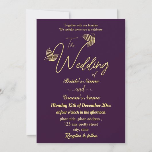 Romantische Goldschmetterlinge lila Einladung (Vorderseite)