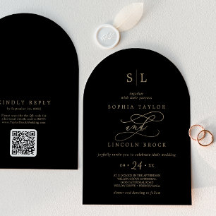 Romantische Goldschwarze Monogram QR Code Arch Wed Einladung