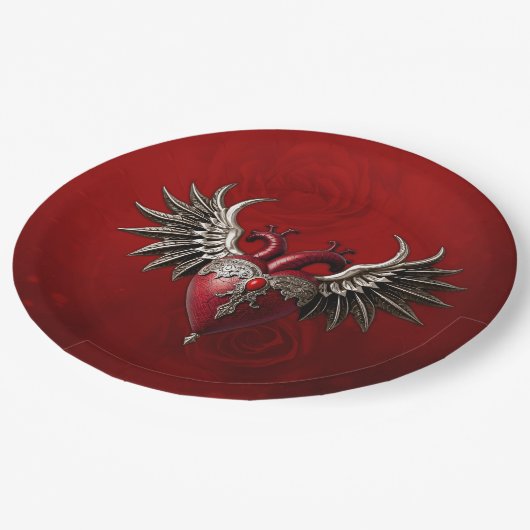 Romantische gotische Ikone: Herz, Rose, Schädel. Pappteller (Schrägansicht)