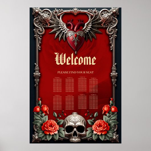 Romantische gotische Ikone: Herz, Rose, Schädel. Poster (Vorne)