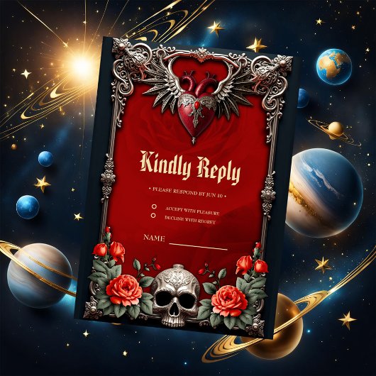 Romantische gotische Ikone: Herz, Rose, Schädel. RSVP Karte