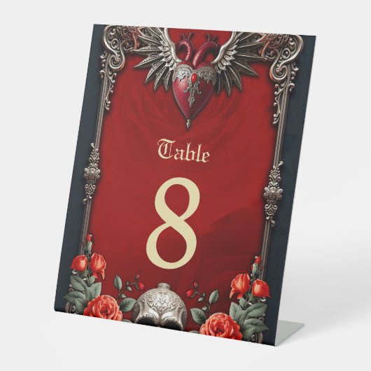 Romantische gotische Ikone: Herz, Rose, Schädel. Sockelschild (Vorderseite)