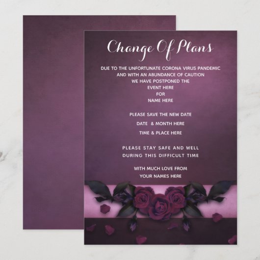 Romantische gotische Rose und Petalen Planänderung Einladung (Vorne/Hinten)