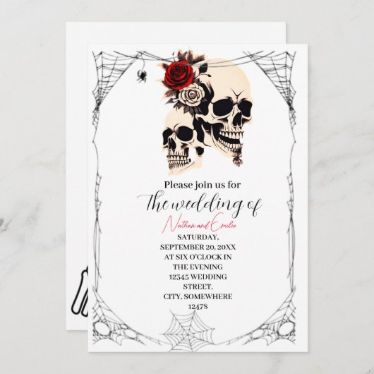 Romantische Gotische Schädelhochzeit Einladung (Vorne/Hinten)