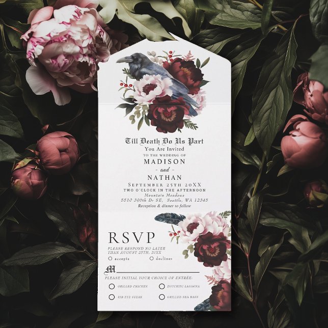 Romantische gotische Wasserfarbenraven-Hochzeit All In One Einladung