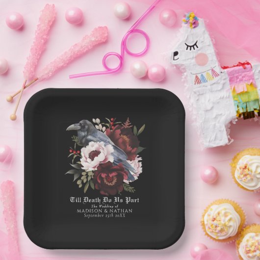 Romantische gotische Wasserfarbenraven-Hochzeit Pappteller (Party)