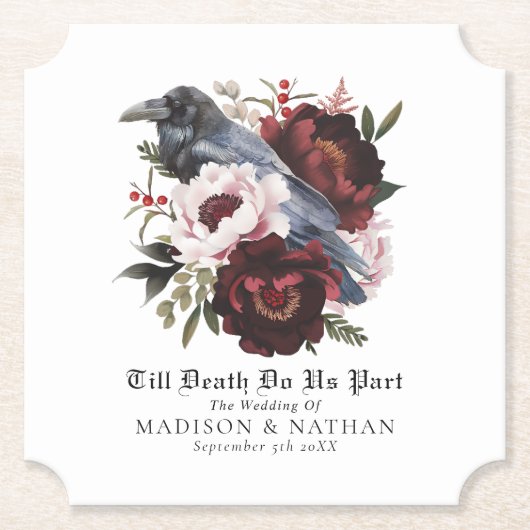 Romantische gotische Wasserfarbenraven-Hochzeit Untersetzer (Vorderseite)