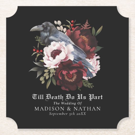 Romantische gotische Wasserfarbenraven-Hochzeit Untersetzer (Vorderseite)