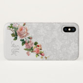 Romantische graue Flora mit rosa Rosen und Monogra Case-Mate iPhone Hülle (Rückseite (Horizontal))