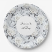 Romantische graue Silberröschen-Blumenhochzeit Pappteller (Vorderseite)