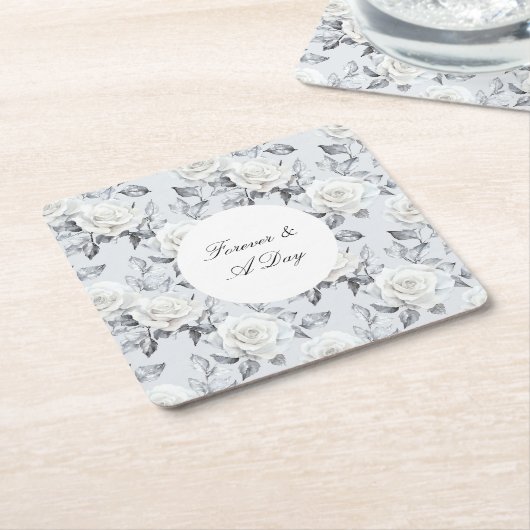 Romantische graue Silberröschen-Blumenhochzeit Rechteckiger Pappuntersetzer (angewinkelt)