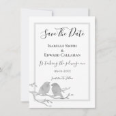Romantische graue Wasserfarbenvögel auf Zweithochz Save The Date (Vorderseite)