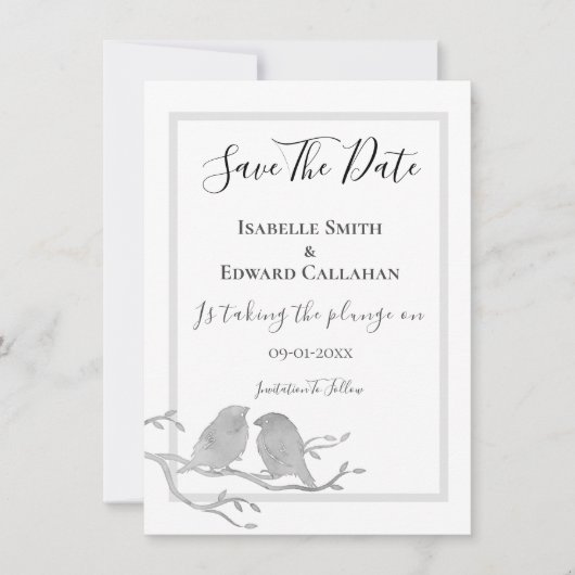 Romantische graue Wasserfarbenvögel auf Zweithochz Save The Date (Vorderseite)