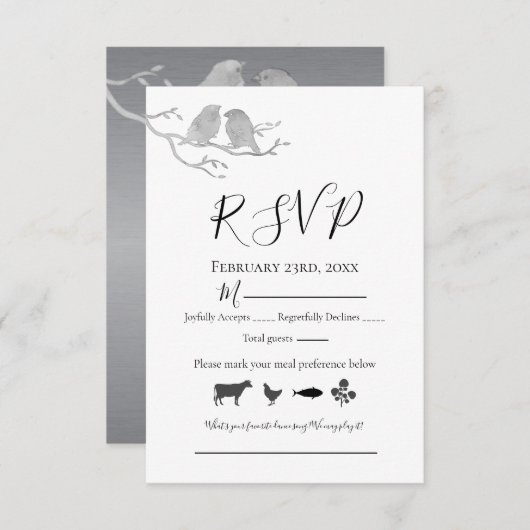 Romantische Graufarben Lovebirds Baumzweig RSVP Karte (Vorne/Hinten)