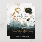 Romantische Green, Gold Rose Herz Save the Date Ka RSVP Karte (Vorne/Hinten)