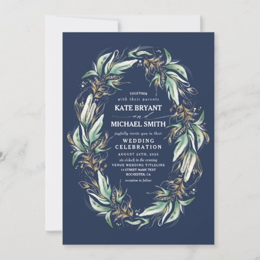 Romantische Grünanlage Wreath Navy Blue Hochzeit i Einladung (Vorderseite)