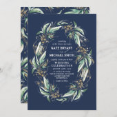 Romantische Grünanlage Wreath Navy Blue Hochzeit i Einladung (Vorne/Hinten)