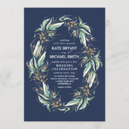 Romantische Grünanlage Wreath Navy Blue Hochzeit i Einladung