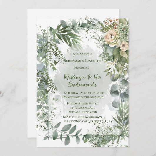 Romantische grüne Beige Peony Bridesmaids Luncheon Einladung (Vorne/Hinten)