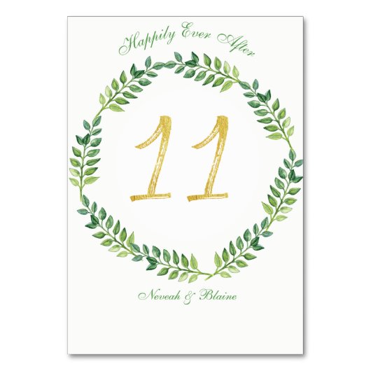 Romantische grüne Blätter - Hochzeitskarte 11 Ring Tischnummer (Vorderseite)