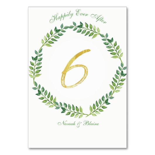 Romantische grüne Blätter - Hochzeitskarte 6 Ring Tischnummer (Vorderseite)