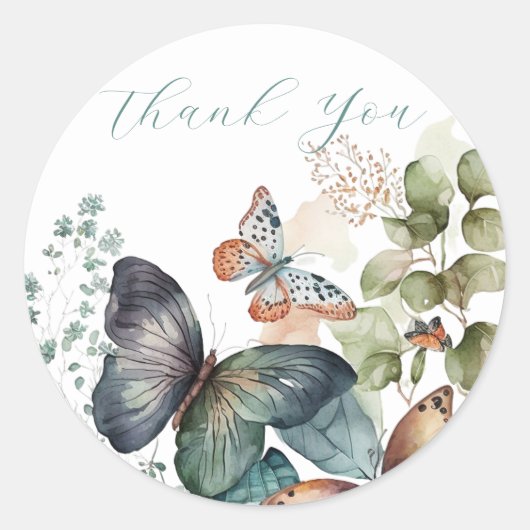 Romantische grüne Blume und Schmetterling Danke Runder Aufkleber (Vorderseite)