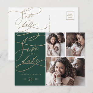 Romantische grüne Kalligrafie 3 Foto Save the Date Einladungspostkarte