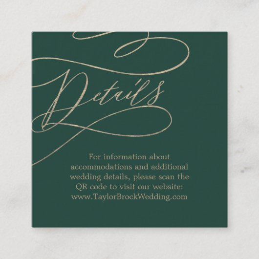 Romantische grüne Kalligrafie QR Code Hochzeitdeta Begleitkarte (Vorderseite)
