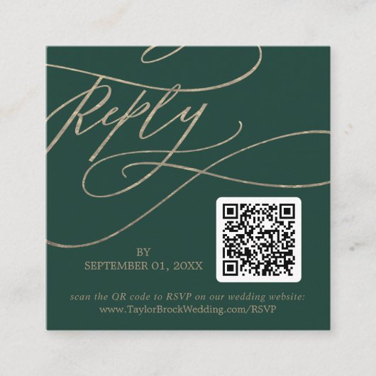Romantische grüne Kalligrafie QR Code Wedding RSVP Begleitkarte (Vorderseite)