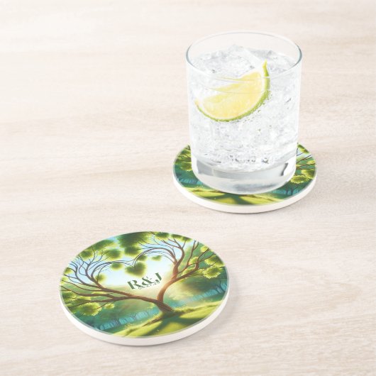 Romantische Grüne Monogramm-Hochzeit Getränkeuntersetzer (Seite)