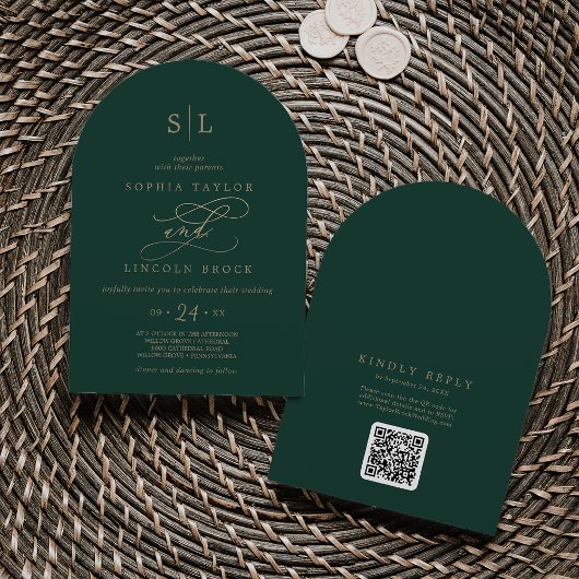 Romantische grüne Monogramm QR Code Boho Arch Wedd Einladung