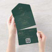 Romantische grüne Monogramm QR Code Hochzeit All In One Einladung (Abreißen)