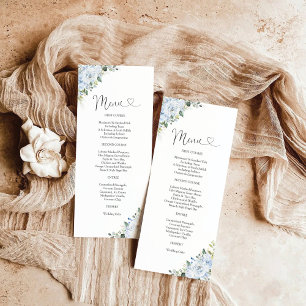 Romantische hellblaue Blumenhochzeitsmenü Menükarte