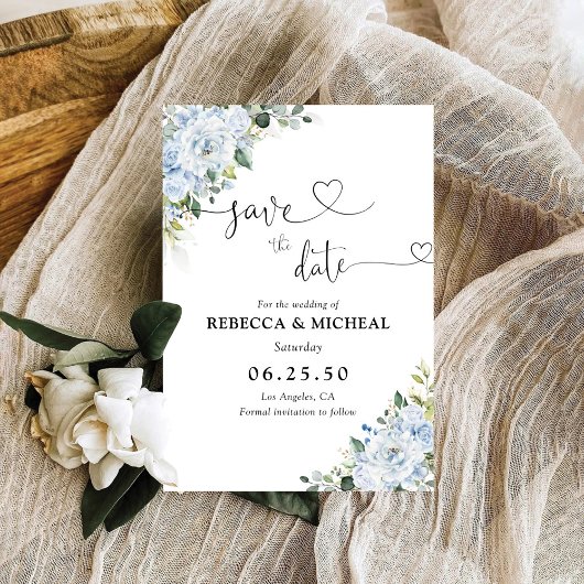 Romantische hellblaue florale Hochzeitsankündigung Save The Date