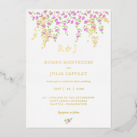 Romantische, hellrosa, florale Front und Back Wedd Folieneinladung (Vorderseite)